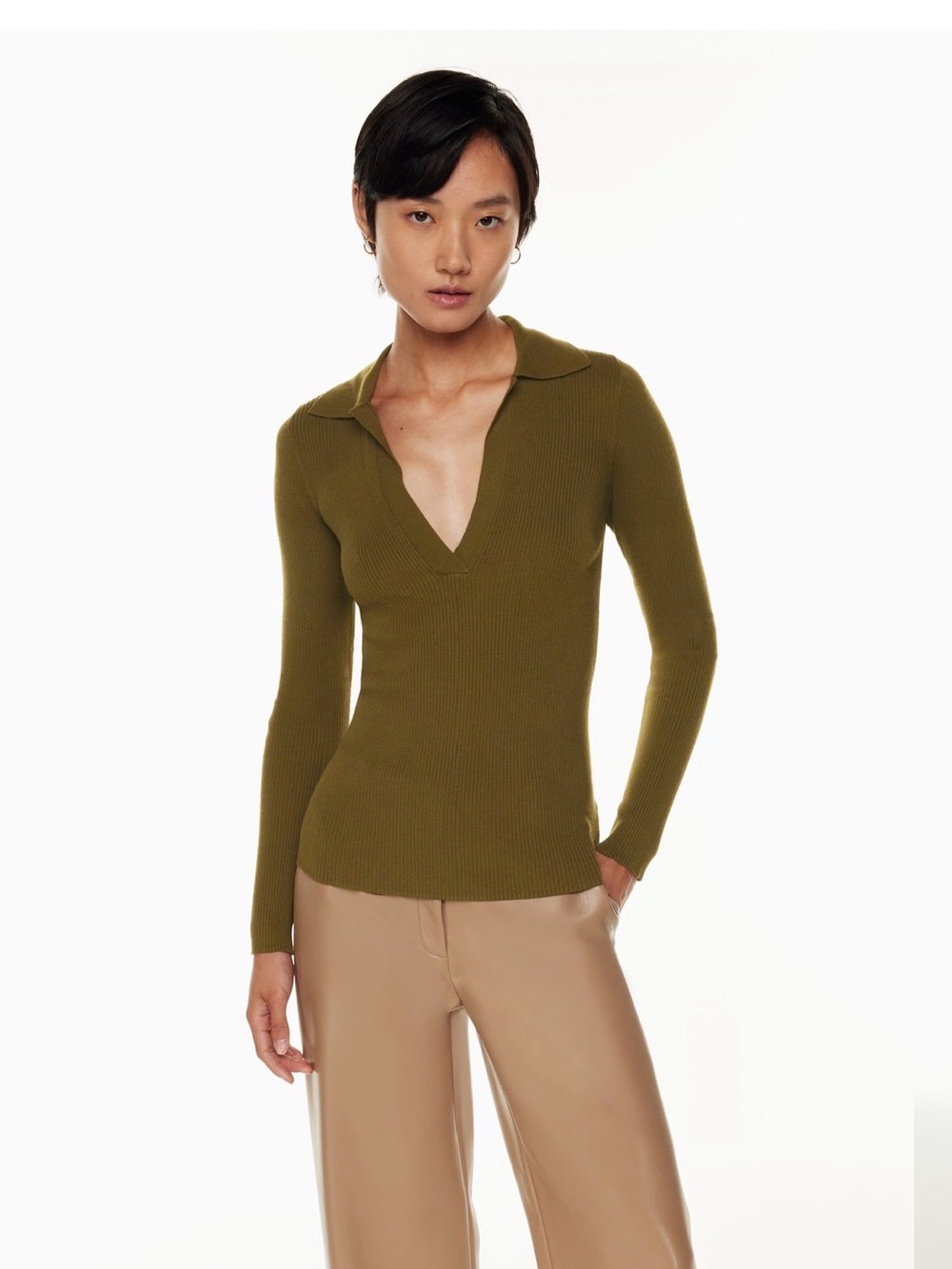 Babaton Leyster Olive Ribbed V-Neck Sweater with Collar